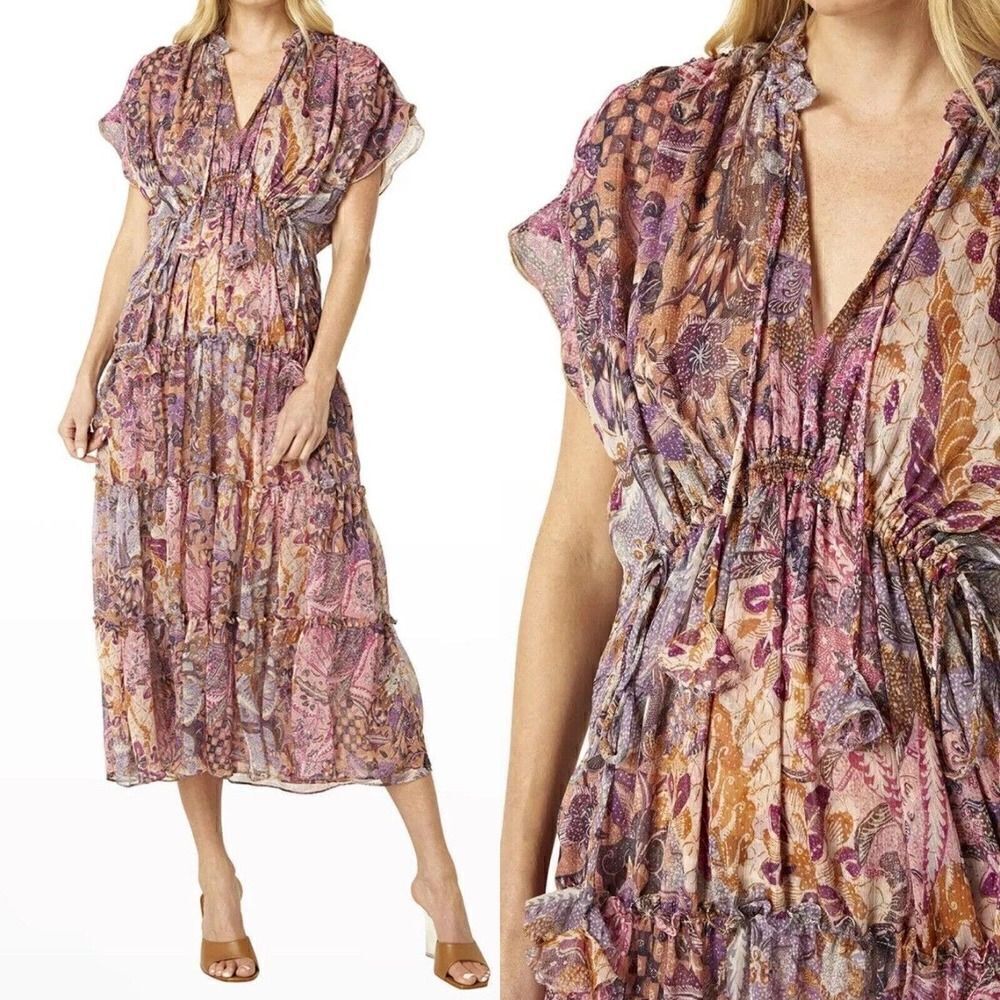 MISA Los Angeles Ilya Pink Floral Chiffon Midi Floaty Boho Dress Sz XS NWT $465